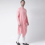 Men Pink Solid Straight Kurta With Attached Drape