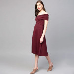 Burgundy Off-Shoulder Pleated Fit & Flare Dress