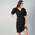 Black Tulip Wrap Dress With Volume Sleeves