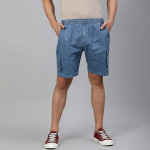 Men Blue Solid Pure Cotton Denim Cargo Shorts