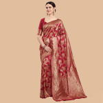 Maroon & Gold Ethnic Motifs Zari Silk Blend Banarasi Saree