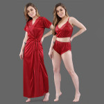 Women Maroon Solid Satin 3 Piece Nightwear Set