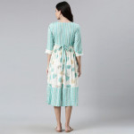 Women Off White & Green Floral Maternity A-Line Midi Dress